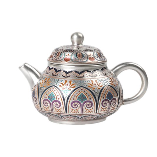 Handmade Tea Pot，Enamel-painted Silver Tea Set Porcelain with Silver Plating